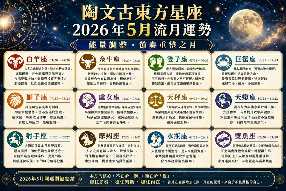 【陶文古東方星座】  2026年5月流月運勢
