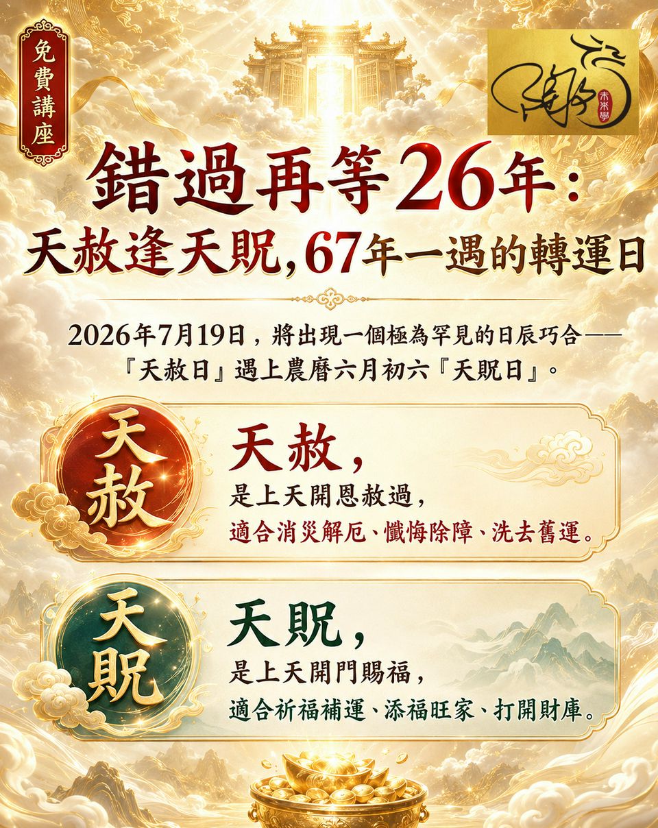 《錯過再等26年  天赦逢天貺  67年一遇的轉運日》